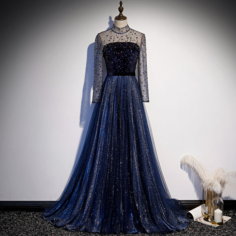 Navy Blue Long Sleeves Shiny Sparkle Long Evening Dress, Sequins Blue Cutedressy Navy Blue Long Sleeves Shiny Sparkle Long Evening Dress, Sequins Blue Cutedressy