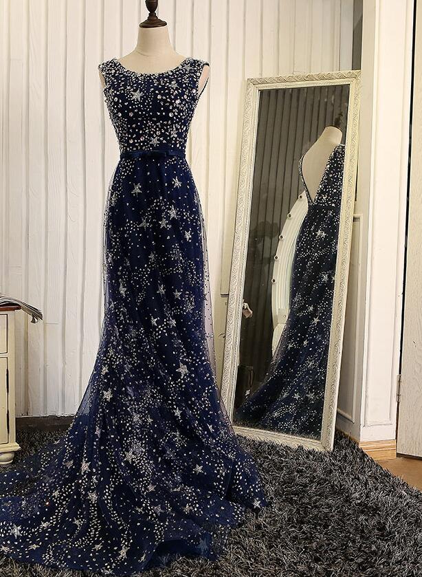 navy blue and silver formal dresses Alyssa | A Line Navy Blue Lace Layered Long Prom Dresses with High Slit, Navy Blue Lace Formal Dresses, Navy Blue Evening Dresses #promdress