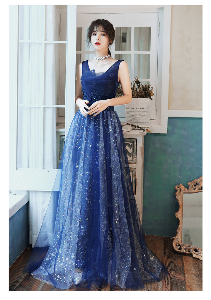 Charming Navy Blue Long Party Dress with Sequins, Blue Evening Gown Pr