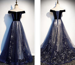 Lovely Off Shoulder Velvet and Tulle Prom Dress, Navy Blue Party Dress Formal Dress