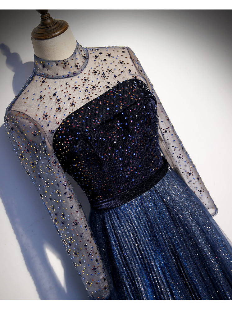 Navy Blue Long Sleeves Shiny Sparkle Long Evening Dress, Sequins Blue