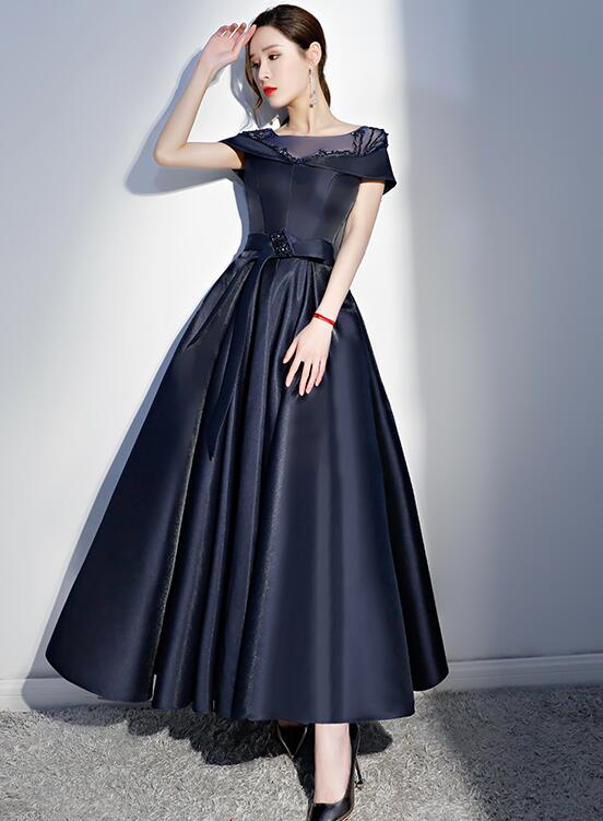 Navy Blue Satin Beaded New Style Long Party Dress, Blue Cap Sleeves Prom Dress
