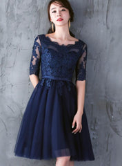 Navy Blue Lace Short Sleeves Tulle Short Homecoming Dress, Blue Tulle Prom Dress Formal Dress