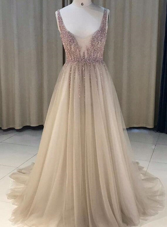 Unique Tulle V-neckline Beaded Long Party Dresses, See Through Prom Dresses