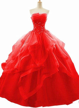 Red Beaded LaceSweet 16 Ball Gown Layers Formal Dress, Prom Dress Party Gowns Red Lace Evening Dresses