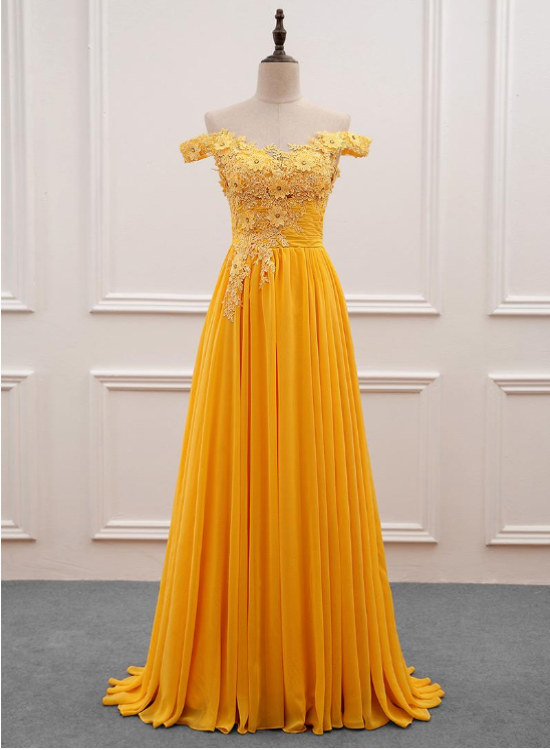Beautiful Yellow Chiffon and Lace Off Shoulder Long Party Dress, A-line Evening Dresses