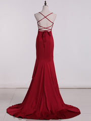 Red High Waist Straps Mermaid Gown, Wine Red Formal Dress, Cross Back Prom Dress
