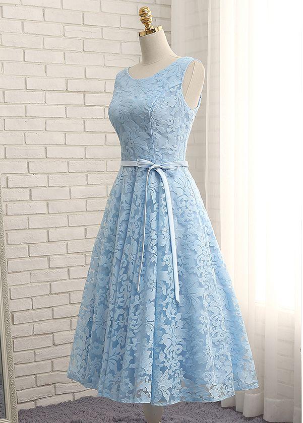 Blue Lace Tea Length Wedding Party Dress, Cute Party Dress – Cutedressy Blue Lace Tea Length Wedding Party Dress, Cute Party Dress – Cutedressy