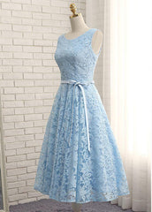 Blue Lace Tea Length Wedding Party Dress, Cute Party Dress