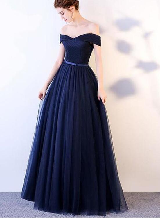 Navy Blue Tulle Prom Dress , Off Shoulder Prom Dress with Belt, Long Formal Dress