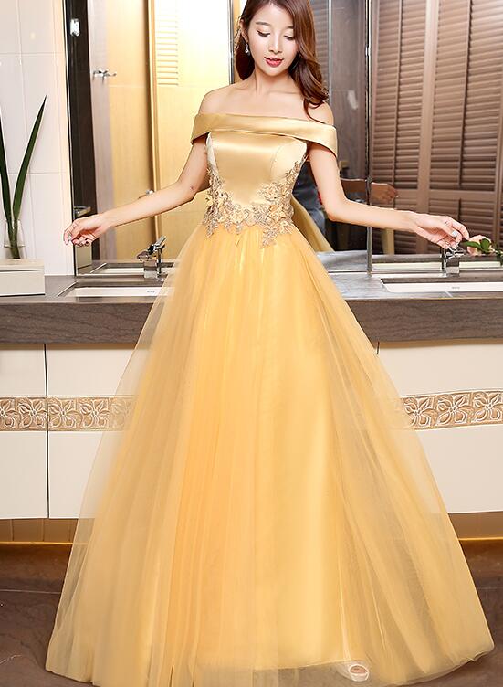 Beautiful Gold Off Shoulder Long Tulle Junior Prom Dress, Lace-up Evening Dress