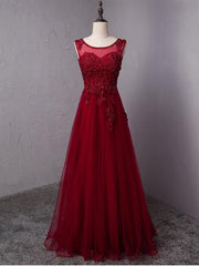 Wine Red Round Neckline Beaded Long Party Dress, Burgundy Tulle Prom Dress 2021