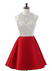Charming Red Halter Beaded Red Homecoming Dresses, Open Back Short Party Dress, Formal Dress