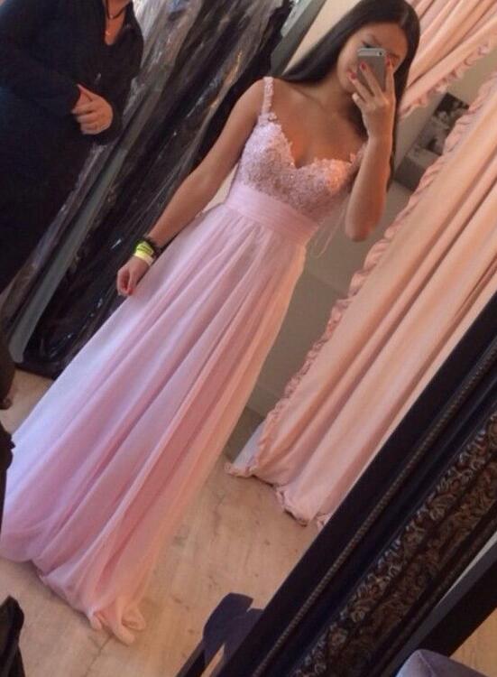 Pink Straps Pretty Floor Length Prom Dress , Pink Party Gowns, Formal Dresses  with Applique
