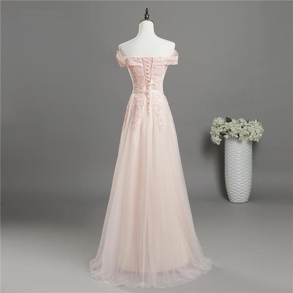 Light Pink Sweetheart Lace Applique Long Party Dress, Pink Bridesmaid Dress