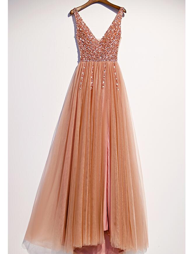 Pearl Pink Beaded Slit V-neckline Long Junior Prom Dress, Pink Evening Dress