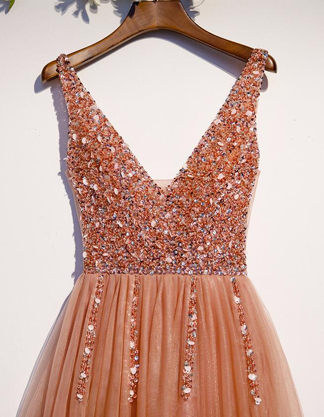 Pearl Pink Beaded Slit V-neckline Long Junior Prom Dress, Pink Evening Cutedressy Pearl Pink Beaded Slit V-neckline Long Junior Prom Dress, Pink Evening Cutedressy