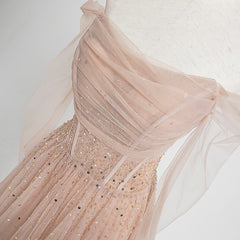 Pearl Pink Off Shoulder Long Sleeves Sequins Prom Dress, A-line Party Dress Formal Dress