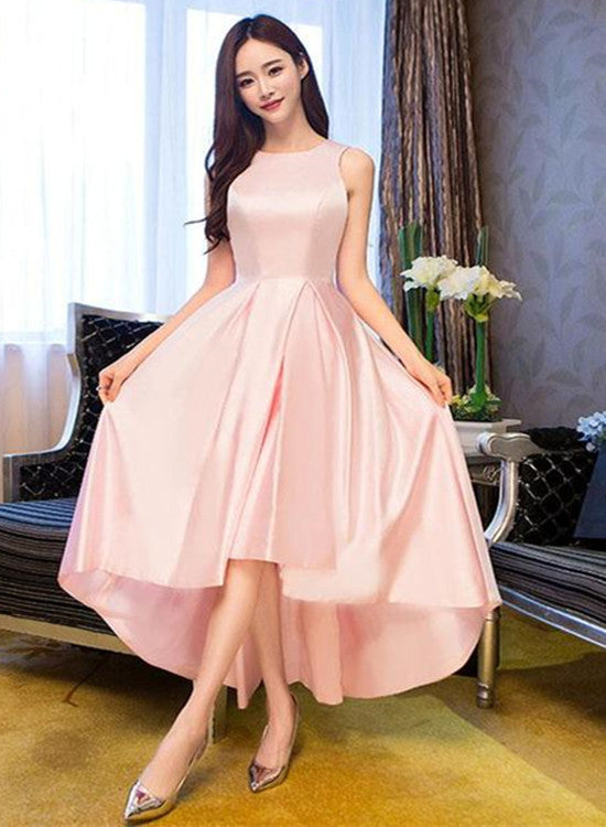 Light Pink Round Neckline High Low Simple Party Dress, Pink New Style Homecoming Dress