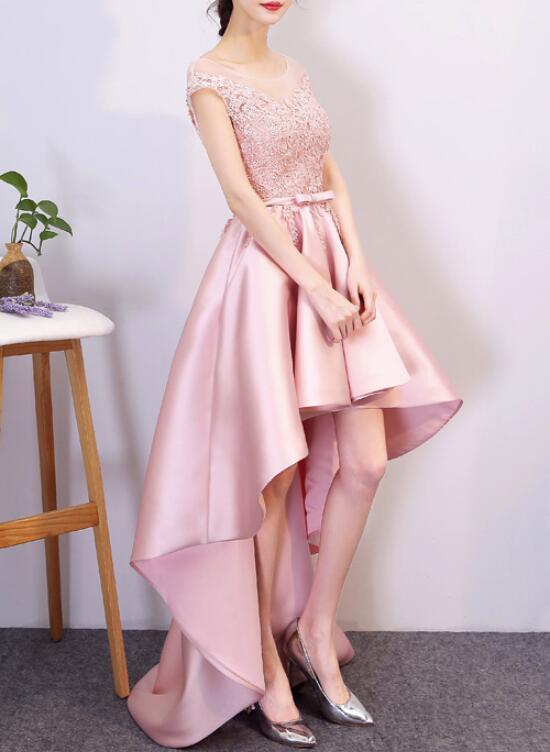 Pink Satin High Low Lace-up Formal Dress, Pink Prom Dress, Homecoming Dress