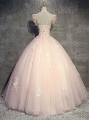 Pink Gorgeous Tulle and Lace Cap Sleeves Sweet 16 Dresses, Pink Formal Gown