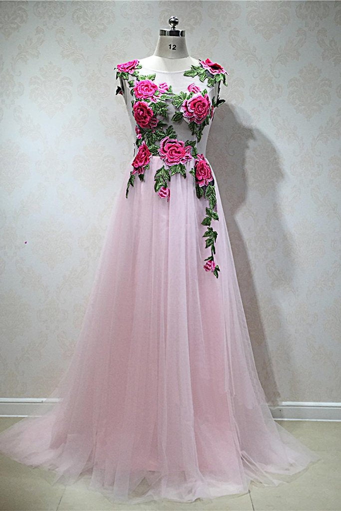 Gorgeous Pink Tulle Flowers Embroidery Long Party Dresses, Pink Formal Gowns, Prom Dresses