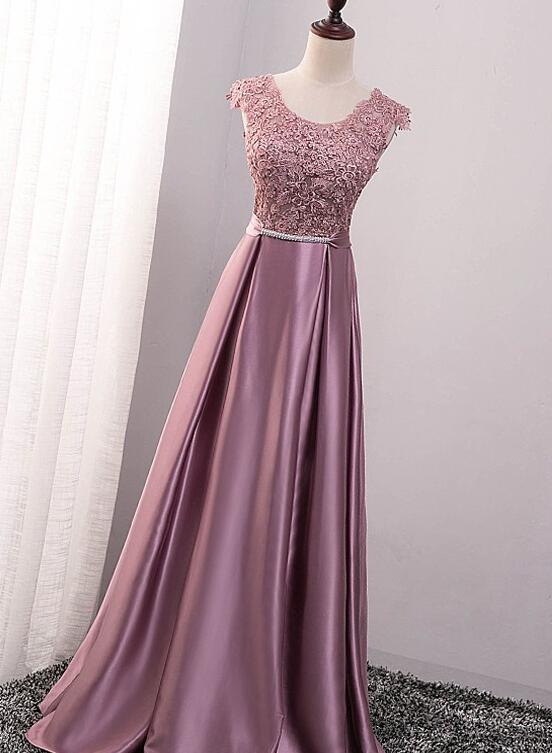 Pink Satin with Lace Applique Long Bridesmaid Dress, Pink A-line Simple Prom Dress