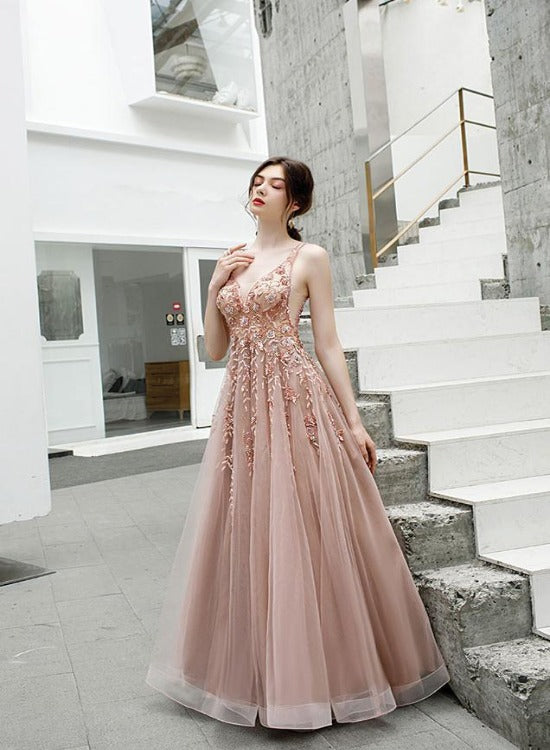 Beautiful Tulle A Line V Neck Pink Beads Straps Prom Dresses, Lace up Long Dance Formal Dress