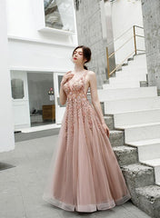 Beautiful Tulle A Line V Neck Pink Beads Straps Prom Dresses, Elegant Cutedressy Beautiful Tulle A Line V Neck Pink Beads Straps Prom Dresses, Elegant Cutedressy