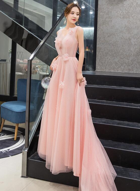 Light Pink Tulle with Flowers A-line Long Party Dress Evening Dress, Pink New Style Prom Dress