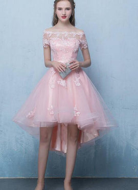 Cute Pink High Low Off Shoulder Prom Dress , Pink Formal Dress