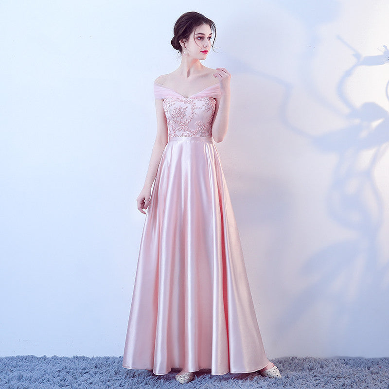 Pink Off Shoulder Lace and Satin Evening Dress, Pink Long Prom Dresss