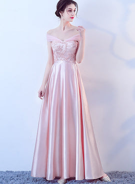 Pink Off Shoulder Lace and Satin Evening Dress, Pink Long Prom Dresss