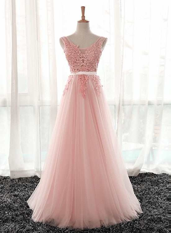 Pink Tulle V-neckline Lace Applique Floor Length Party Dress, Pink Prom Dress 2021