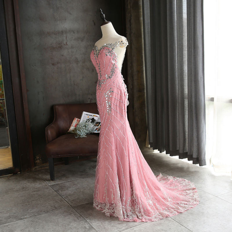 Pink Lace Mermaid Sequins with Lace Applique Party Dress, Pink Long Pr Cutedressy Pink Lace Mermaid Sequins with Lace Applique Party Dress, Pink Long Pr Cutedressy