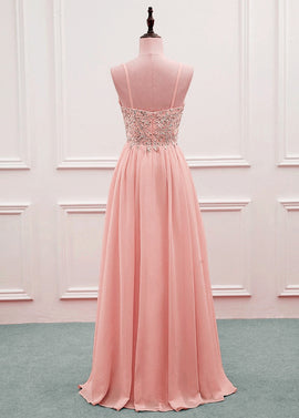 Pink Beaded Sweetheart Chiffon A-line New Prom Dress, Pink Evening Gown Wedding Party Dress