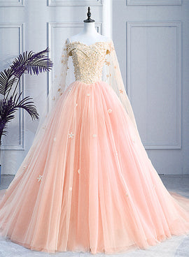 Pink Off Shoulder Tulle with Flowers Ball Gown Sweet 16 Dress, Pink Quinceanera Dress