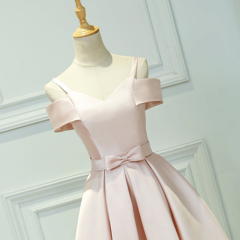 Light Pink Satin Knee Length Off Shoulder Party Dress, Short Pink Home Cutedressy Light Pink Satin Knee Length Off Shoulder Party Dress, Short Pink Home Cutedressy