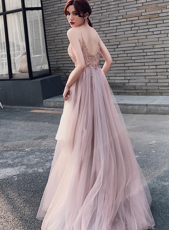 Pink Beaded High Slit Spaghetti Straps Long Junior Prom Dress, V Back Party Dress