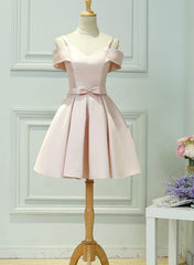 Light Pink Satin Knee Length Off Shoulder Party Dress,  Short Pink Homecoming Dress