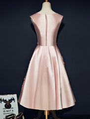 Pink Satin Knee Length Short Homecoming Dress, Pink Prom Dress Graduation Dress