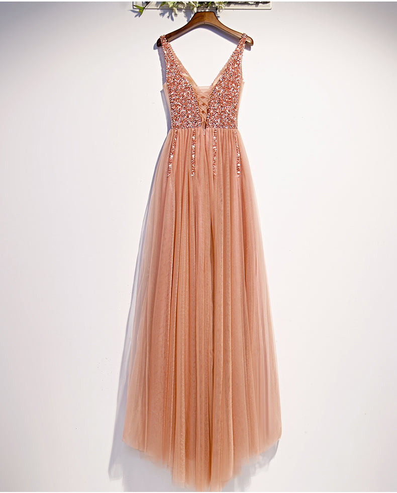 Pearl Pink Beaded Slit V-neckline Long Junior Prom Dress, Pink Evening Dress