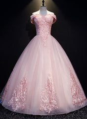 Pink Ball Gown Long Tulle Party Dress, Off Shoulder Prom Dress 