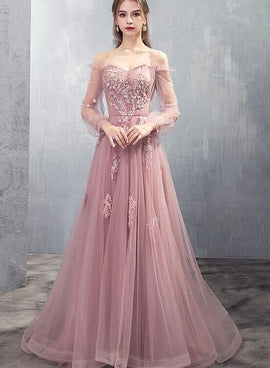 Charming Tulle Pink/Champagne Long Sleeves Junior Party Dress, A-line Formal Dress Evening Dress