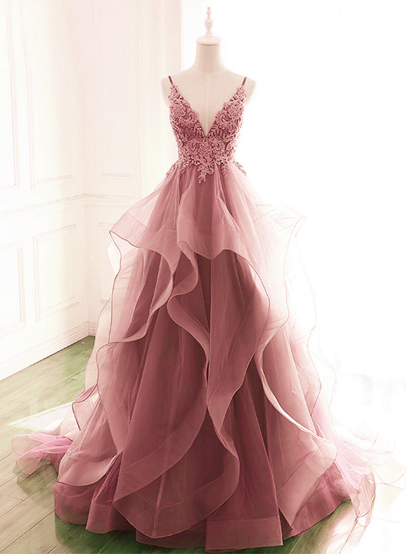 Dark Pink V-Neck Tulle Lace Prom Dress,Spaghetti Strap Prom Dress