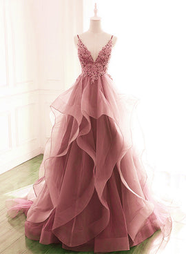 Dark Pink V-Neck Tulle Lace Prom Dress,Spaghetti Strap Prom Dress,Ruffle A Line Formal Dress
