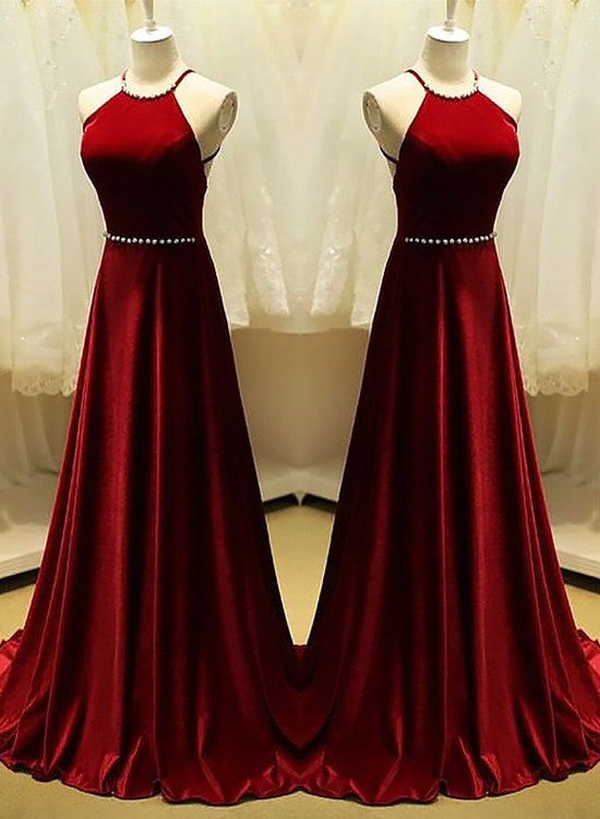 red halter velvet prom dress