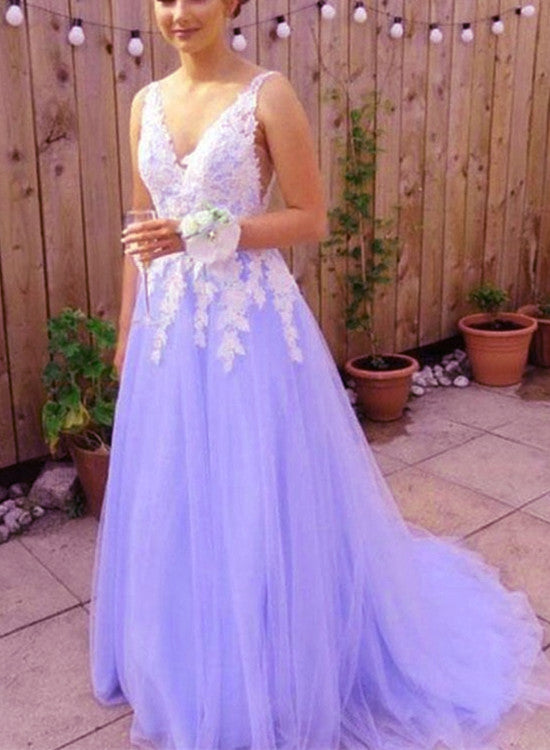 Beautiful Light Purple Tulle Dress, White Lace and Lavender Prom Dress
