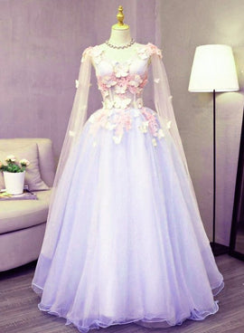 Lovely Tulle Lavender Long Formal Dress with Lace Applique, Sweet 16 Dresses