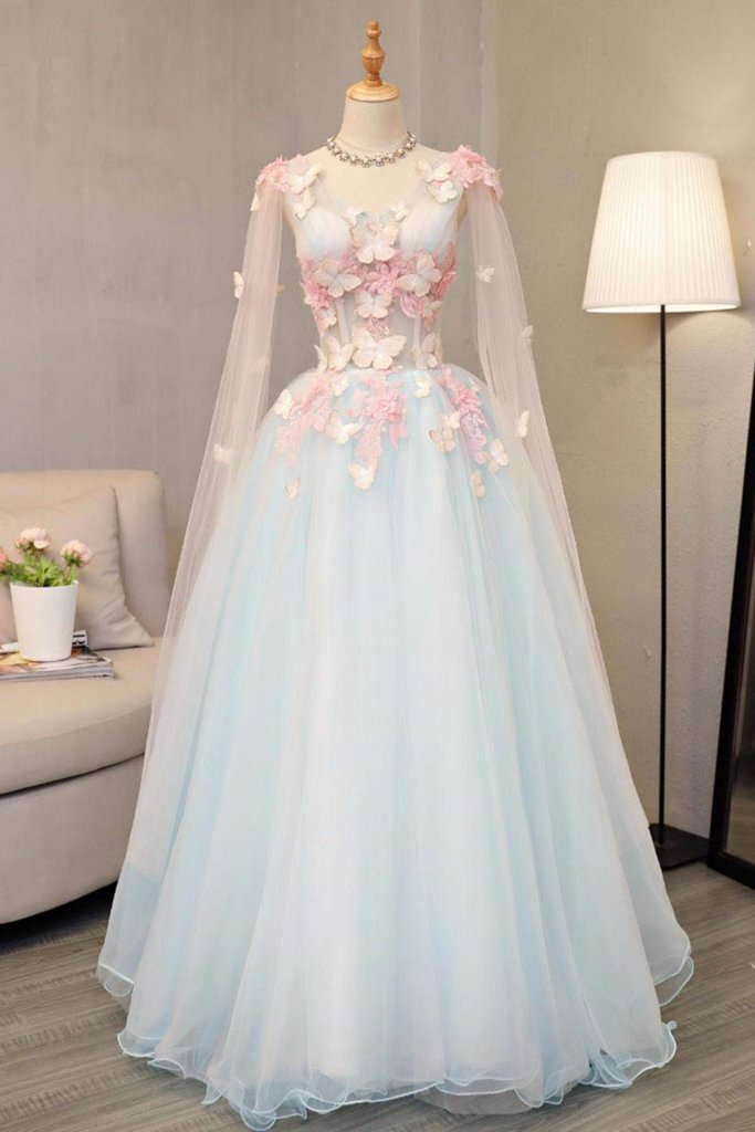 Light Blue Gorgeous Butterfly Long Formal Gowns, Handmade Tulle Gowns, Cutedressy Light Blue Gorgeous Butterfly Long Formal Gowns, Handmade Tulle Gowns, Cutedressy